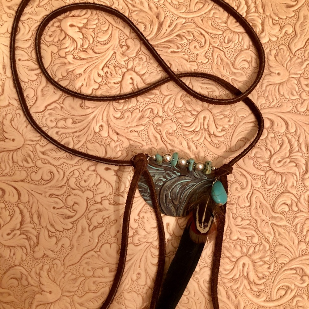 ORDER TURQUOISE BAR NECKLACE SILVER BEADS BROWN LEATHER OPEN ENDS 2 TIE HANDMADE